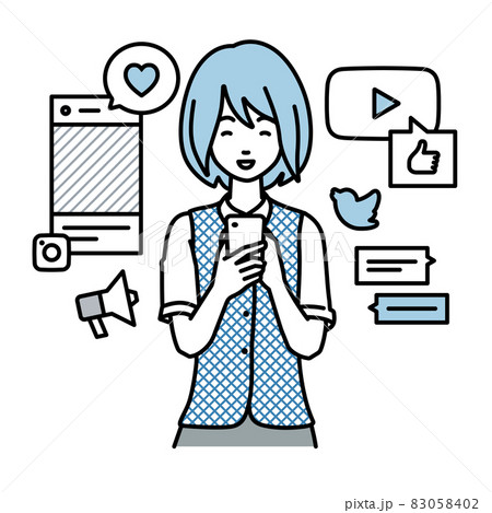 立ってスマートフォンでさまざまなsnsで楽しく交流する事務員制服の女性のイラスト素材