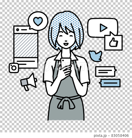 立ってスマートフォンでさまざまなSNSで楽しく交流するカフェ店員の女性 83058406