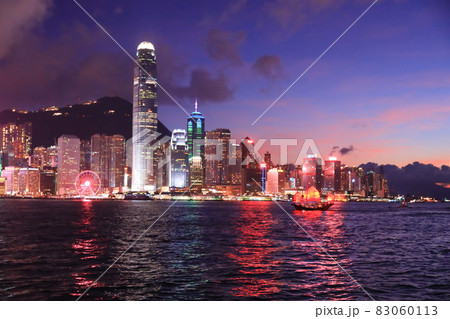 the Victoria Harbour , central at twilight, after sunset. 22 May 2021 the Victoria Harbour , central at twilight, after sunset. 22 May 2021 83060113