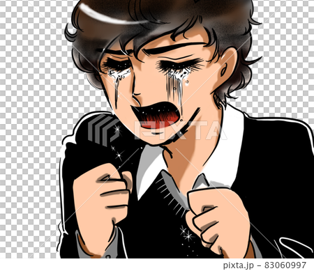 70's Shojo Manga A handsome boy with a natural perm holding a fist and crying 83060997