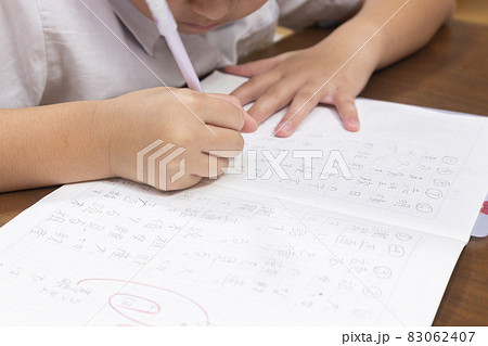 リビングで国語の宿題をする小学生の女の子の手元 83062407
