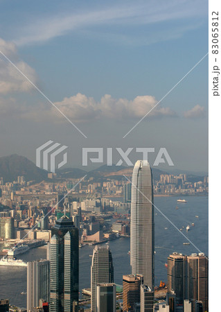 16 July 2005 Aerial View of Victoria Harbour in the daytime, hk 83065812