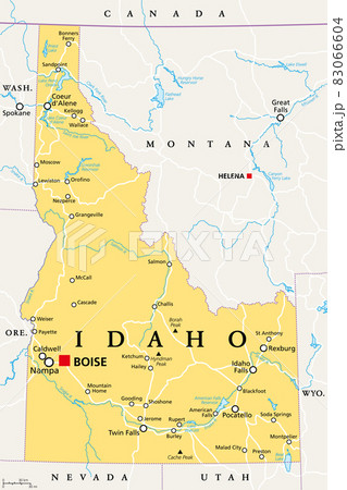 Idaho, ID, political map with the capital Boise, borders, important cities, rivers and lakes. State in the Pacific Northwest region of the Western United States of America, nicknamed Gem State. Vector 83066604