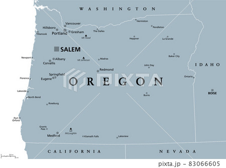 Oregon, OR, gray political map, with the capital Salem and borders. State in the Pacific Northwest region of the Western United States of America, nicknamed The Beaver State. Illustration. Vector. 83066605