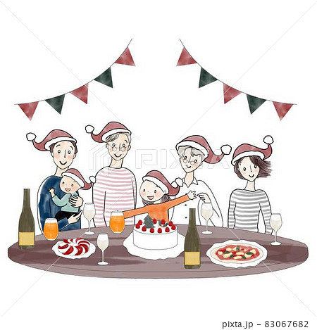 クリスマスパーティーをする三世代家族のイラスト素材 0676