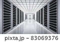 Interior of server computer data empty room. Power energy motor machinery cabinets in control room, main operator station network and circuit center system. Generator support storage. 3d illustration 83069376