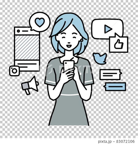 一個站起來用智能手機在各種SNS上愉快互動的女美容院店員 一個站起來用智能手機在各種SNS上愉快互動的女美容院店員 83072106