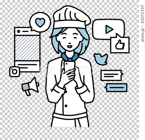 一個女廚師站起來，在她的智能手機上的各種SNS上愉快地互動 83072107