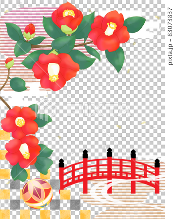 山茶花（立式）山茶、手鞠和朱紅色橋的日本圖案框架 83073837