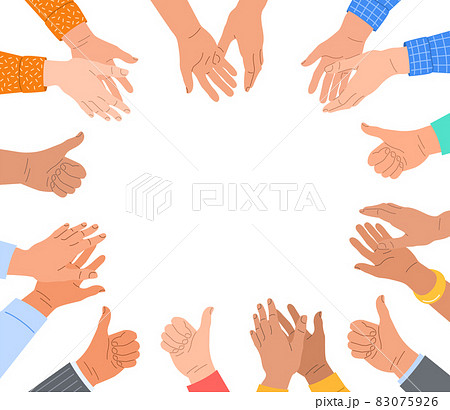 Clapping human hands with thumbs up. Group of men and women congratulates a winner. Business team applauding for great successful work. Teamwork and togetherness hand drawn concept with space for text Clapping human hands with thumbs up. Group of men and women congratulates a winner. Business team applauding for great successful work. Teamwork and togetherness hand drawn concept with space for text 83075926