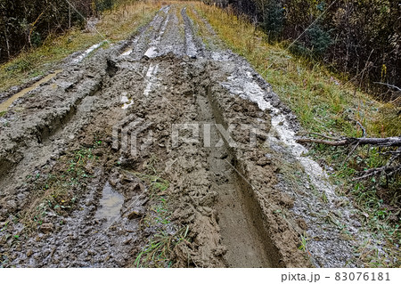 Closeup of a muddy road full of ruts Closeup of a muddy road full of ruts 83076181