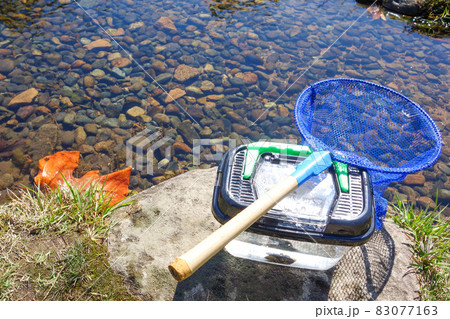 魚取り用の網と捕獲用水槽【水遊びイメージ】 魚取り用の網と捕獲用水槽【水遊びイメージ】 83077163