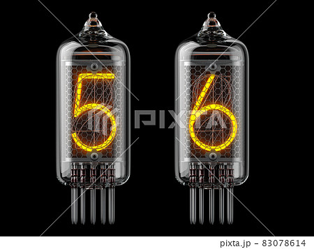 Nixie tube indicator. Number 5 five and 6 six on black background. Nixie tube indicator. Number 5 five and 6 six on black background. 83078614