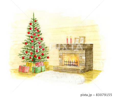 クリスマスツリーと暖炉のある部屋の水彩イラスト 83079155