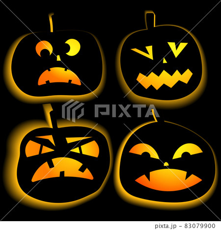 Set of glowing halloween pumpkins. Scary and funny faces. Cute Pumpkin or ghost. Vector autumn holidays illustration 83079900