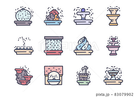 Outdoors fountains color vector doodle simple icon set 83079902