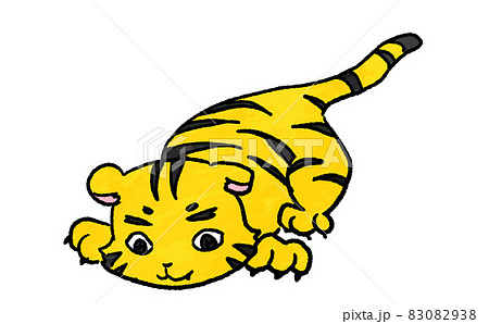 水彩風 下を向いたアニメ調のトラのイラスト 全身 のイラスト素材 0938