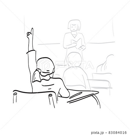 line art girl raising hand in elementary school class illustration vector isolated on white background 83084016