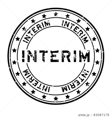 Grunge black interim word with star icon round rubber seal stamp on white background 83087179