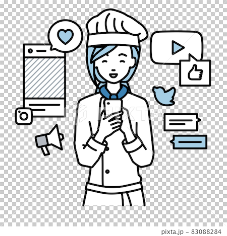 一個女廚師站起來，在她的智能手機上的各種SNS上愉快地互動 83088284