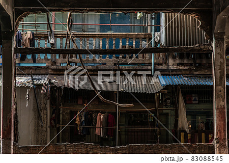 Front view of the balcony on which clothes are dried of the old building. 83088545