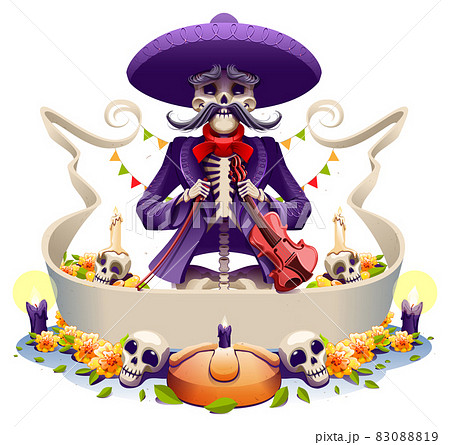 Dia de los muertos mexican holiday skeleton old man musician violin. Day of Dead greeting card 83088819