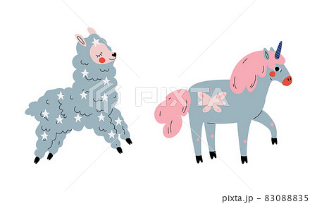 Cute Wooly Llama and Unicorn as Adorable Fairy Animal Vector Set Cute Wooly Llama and Unicorn as Adorable Fairy Animal Vector Set 83088835