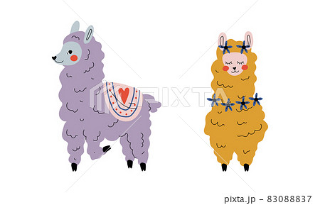 Pretty Wooly Llama or Alpaca as Adorable Fairy Animal Vector Set 83088837