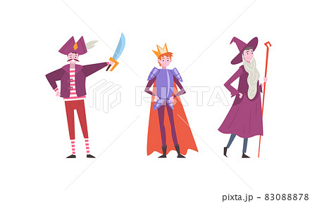 Young Man Wearing Costume of King and Pirate Disguised in Masquerade Outfit Vector Set Young Man Wearing Costume of King and Pirate Disguised in Masquerade Outfit Vector Set 83088878