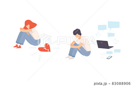 Teenager Puberty Problems with Girl Feeling Unrequited Love and Depressed Boy Vector Set 83088906