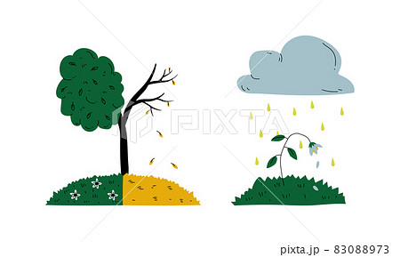 Dying Tree and Flower Because of Toxic Fallout Vector Set 83088973