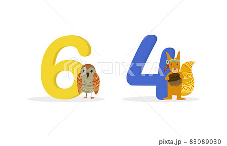 Number or Numeral with Cute Owl and Squirrel Animal with Ethnic Ornament on Wing and Tail Vector Set 83089030