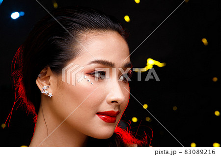 Half Body Portrait of 20s Asian beautiful Woman black hair dress skirt. Cute Sexy Girl Half Body Portrait of 20s Asian beautiful Woman black hair dress skirt. Cute Sexy Girl 83089216