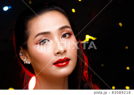 Half Body Portrait of 20s Asian beautiful Woman black hair dress skirt. Cute Sexy Girl Half Body Portrait of 20s Asian beautiful Woman black hair dress skirt. Cute Sexy Girl 83089218