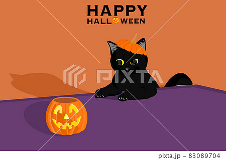 Flat art and cartoon design with orange and purple tone for halloween event with black cat play and see pumpkin on table 83089704