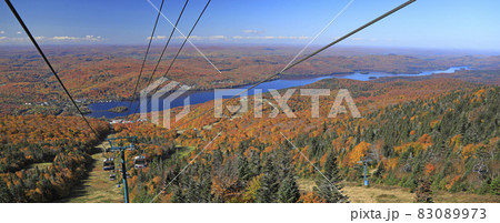 Aerial view of Mont Tremblant resort, funiculars and lake with autumn color leaf, Quebec, Canada 83089973