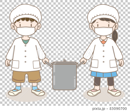 子ども生活_学校_給食当番2_いっしょに運ぼう男女 83090700