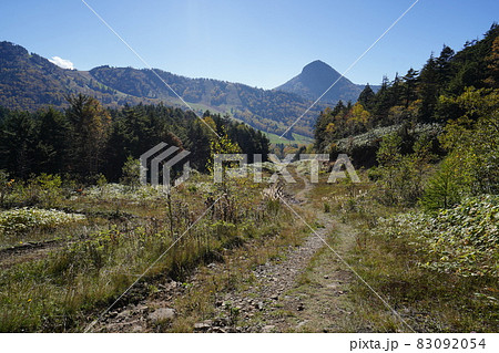 秋の志賀高原 熊の湯 硯川の前山リフトを使わないとき登る登山道 登山道 遠くに見える山は笠ヶ岳 秋の志賀高原 熊の湯 硯川の前山リフトを使わないとき登る登山道 登山道 遠くに見える山は笠ヶ岳 83092054