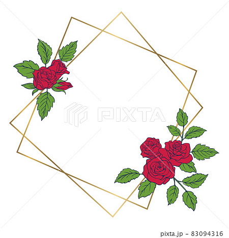 薔薇の花を装飾したデザインフレーム 赤い花と金色の線のイラスト素材
