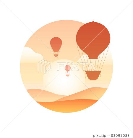 Illustration of vintage hot air balloon with in the sky, sunrise and hills. Silhouette of aerostat. Vector gradient image 83095083