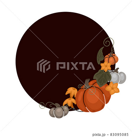 Autumn template with pumpkins, foliage, vine curled, flowers and copy space. Vector round border with flat hand drawn vegetables and floral decoration. Dark circle frame Autumn template with pumpkins, foliage, vine curled, flowers and copy space. Vector round border with flat hand drawn vegetables and floral decoration. Dark circle frame 83095085