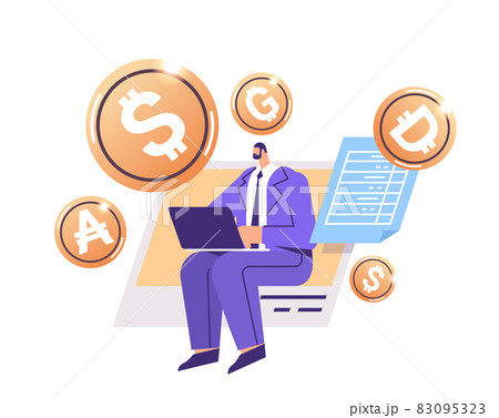 businessman using laptop golden crypto coin cryptocurrency mining virtual money digital currency blockchain 83095323