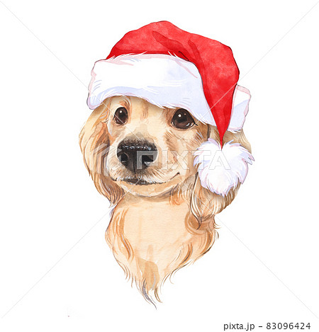 Cute dog in Santa hat. Christmas watercolor painting Cute dog in Santa hat. Christmas watercolor painting 83096424
