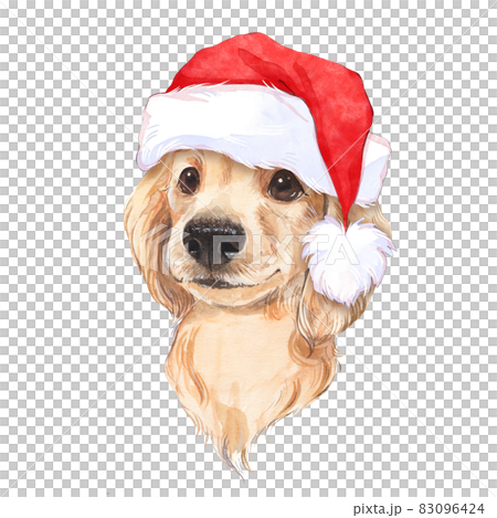 Cute dog in Santa hat. Christmas watercolor painting Cute dog in Santa hat. Christmas watercolor painting 83096424