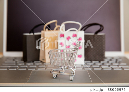 ネットショッピング 通販サイトのイメージ ショッピングカートとパソコン ネットショッピング 通販サイトのイメージ ショッピングカートとパソコン 83096975