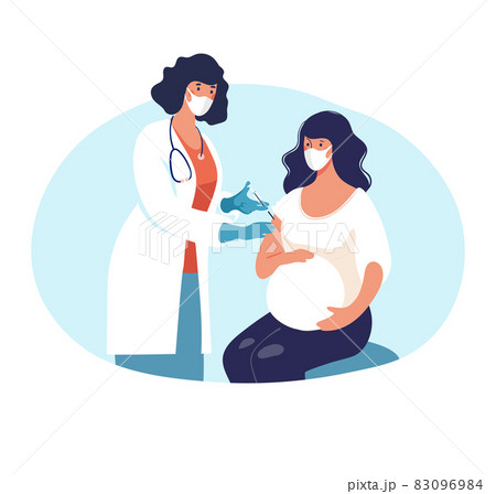 A pregnant woman is vaccinated at a doctor s office, an appointment at a clinic, pregnancy health. Cartoon flat vector illustration isolated on white background A pregnant woman is vaccinated at a doctor s office, an appointment at a clinic, pregnancy health. Cartoon flat vector illustration isolated on white background 83096984