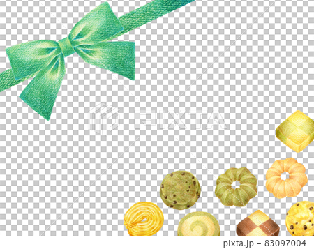 リボンとクッキーの色鉛筆画イラストフレーム素材 83097004
