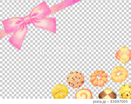 リボンとクッキーの色鉛筆画イラストフレーム素材 83097005