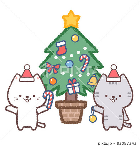クリスマスツリーとシロネコとネコ 83097343