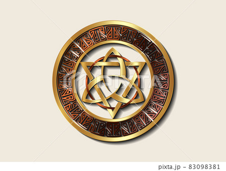 The Grand Seal of gold Triquetra with Triangle and bronze Circle logo, Luxury Metallic Frame Trinity Knot, Pagan Celtic symbol Triple Goddess. Wicca sign, book of shadows, vector isolated on white 83098381